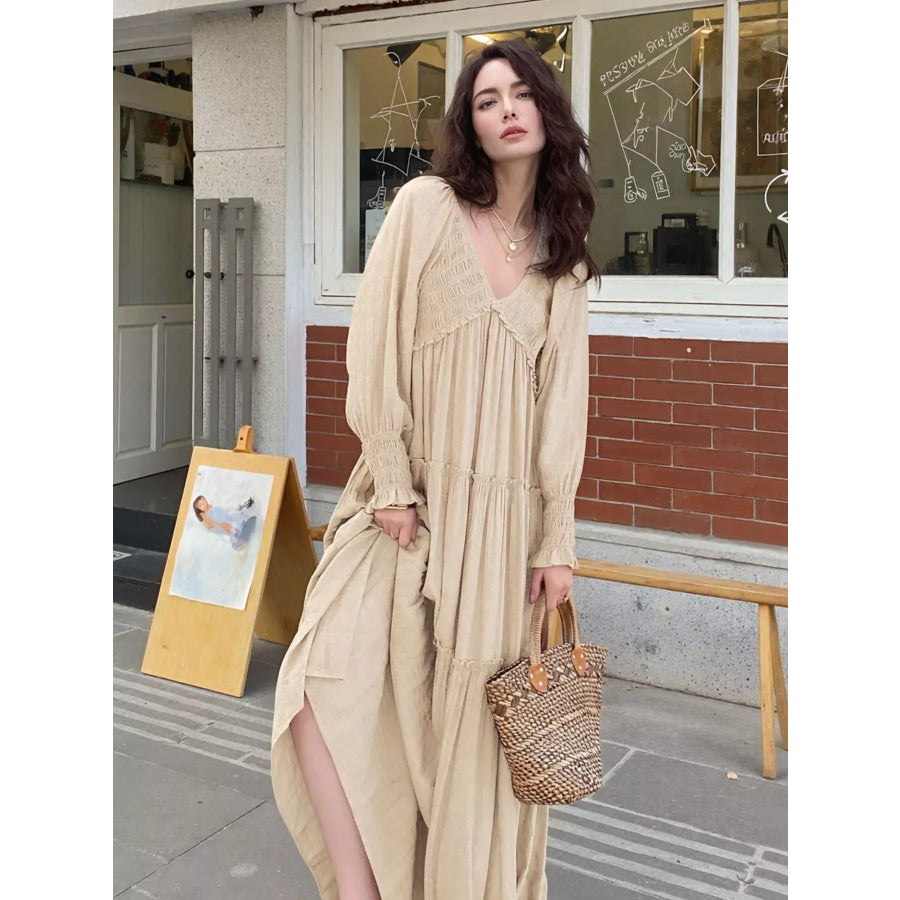 V-Neck Long Sleeve Tiered Maxi Dress Apricot / S Apparel and Accessories