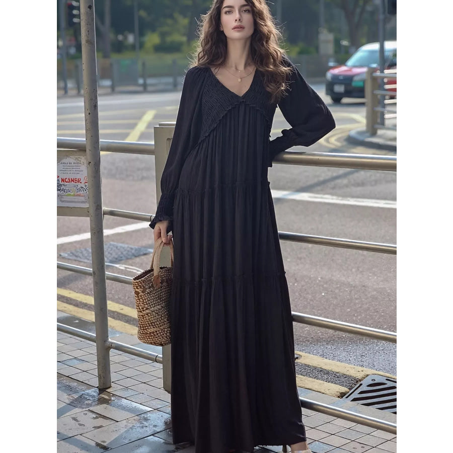 V-Neck Long Sleeve Tiered Maxi Dress Black / S Apparel and Accessories