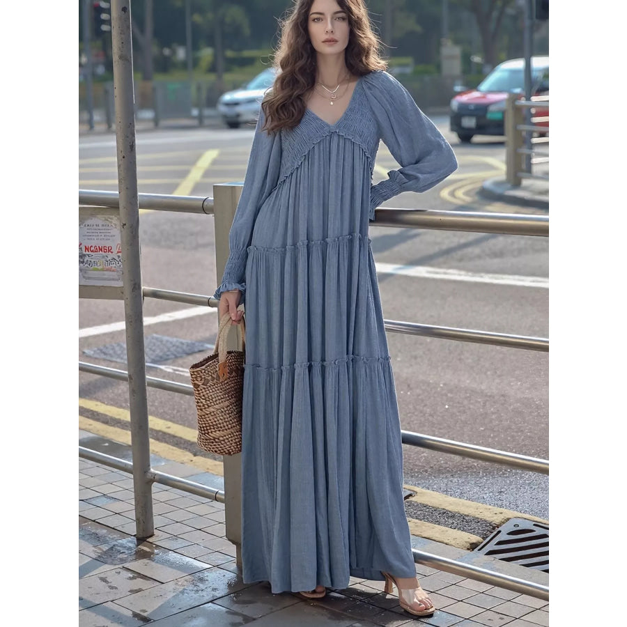 V-Neck Long Sleeve Tiered Maxi Dress Blue / S Apparel and Accessories