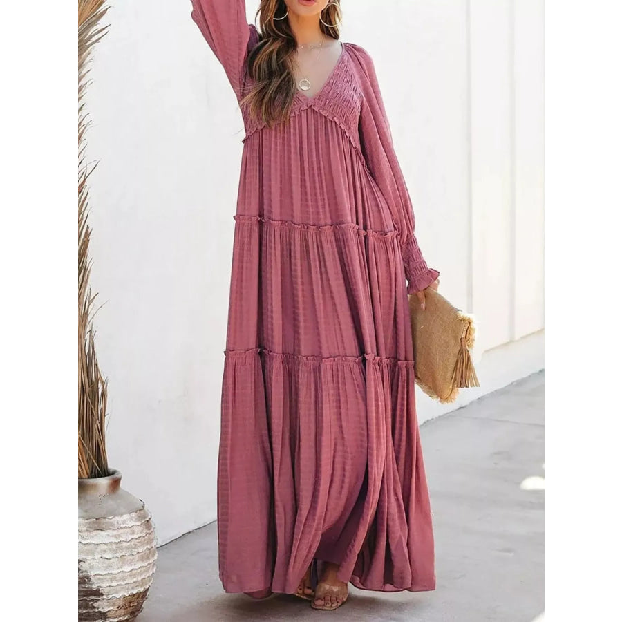 V-Neck Long Sleeve Tiered Maxi Dress Dark Pink / S Apparel and Accessories