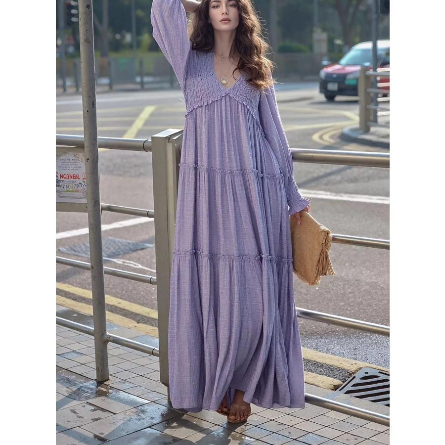 V-Neck Long Sleeve Tiered Maxi Dress Purple / S Apparel and Accessories