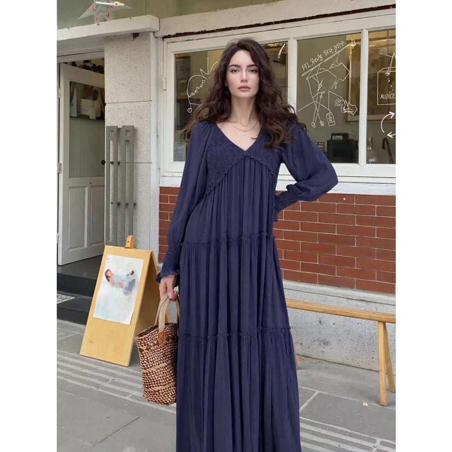 V-Neck Long Sleeve Tiered Maxi Dress Sea Blue / S Apparel and Accessories
