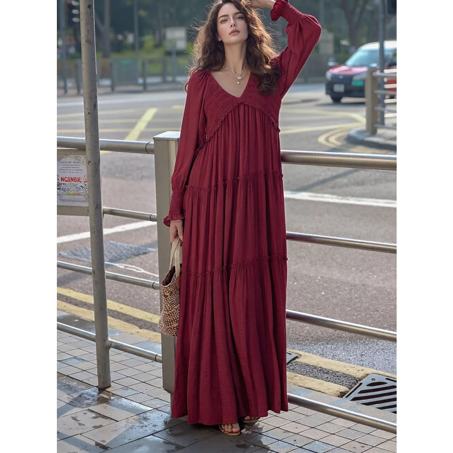 V-Neck Long Sleeve Tiered Maxi Dress Wine Red / S Apparel and Accessories