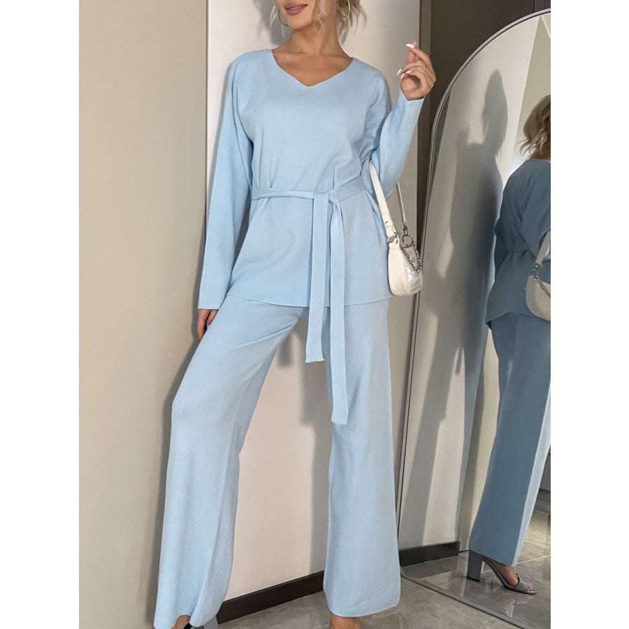 V-Neck Long Sleeve Top and Drawstring Pants Sweater Set Apparel and Accessories