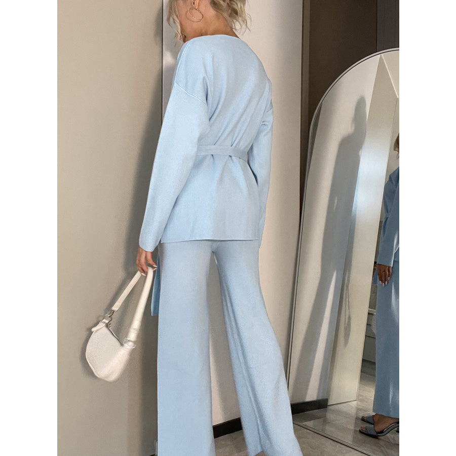 V-Neck Long Sleeve Top and Drawstring Pants Sweater Set Light Blue / One Size Apparel and Accessories