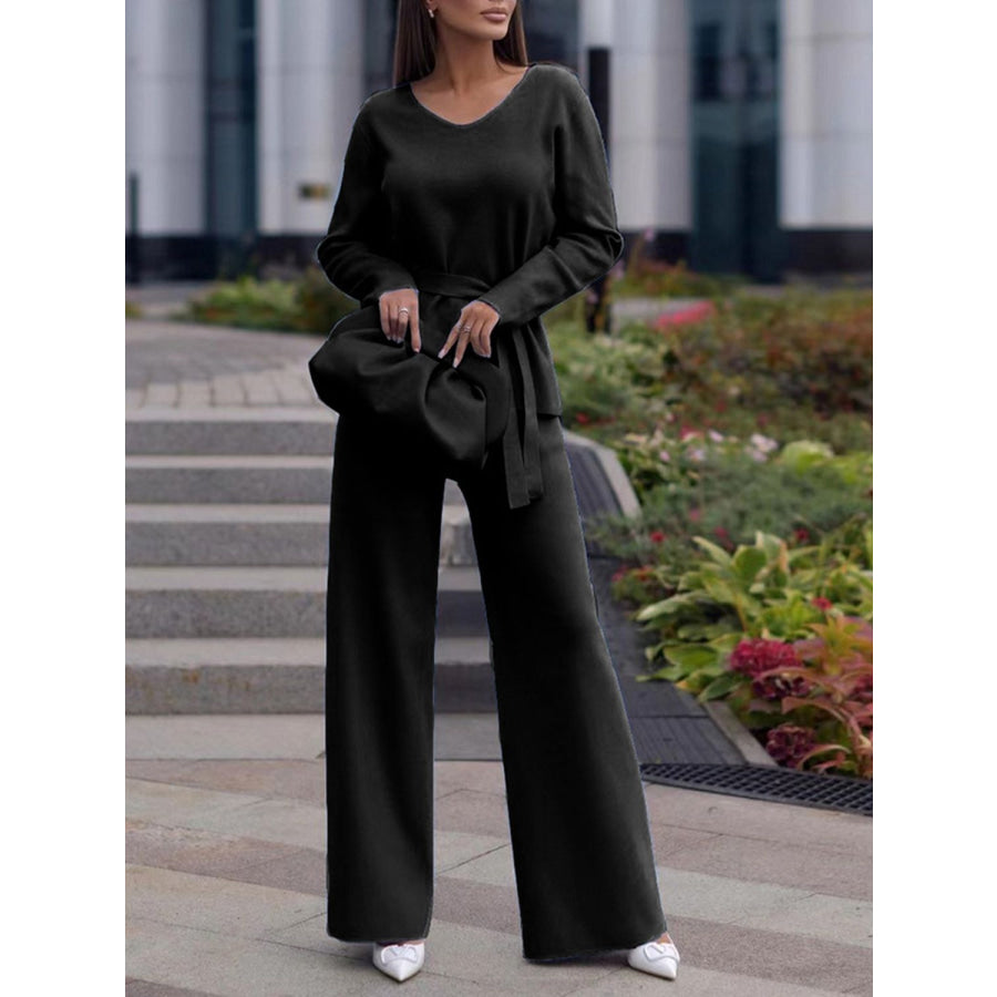 V-Neck Long Sleeve Top and Drawstring Pants Sweater Set Black / One Size Apparel and Accessories