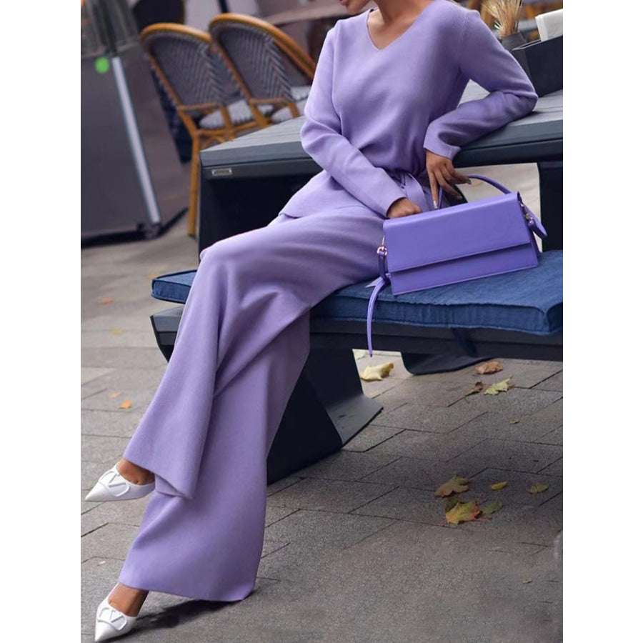 V-Neck Long Sleeve Top and Drawstring Pants Sweater Set Blue Purple / One Size Apparel and Accessories