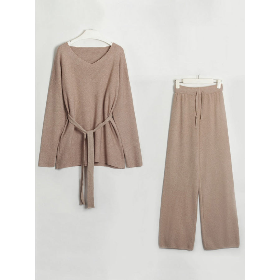 V-Neck Long Sleeve Top and Drawstring Pants Sweater Set Camel / One Size Apparel and Accessories