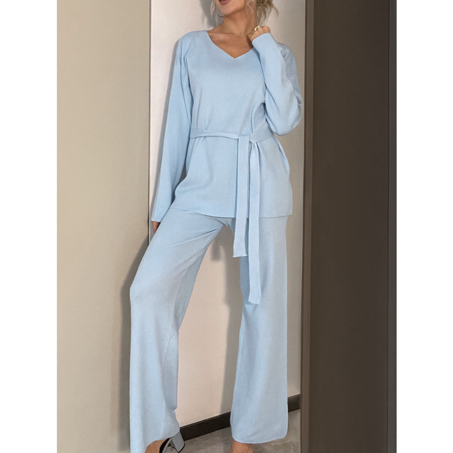 V-Neck Long Sleeve Top and Drawstring Pants Sweater Set Light Blue / One Size Apparel and Accessories