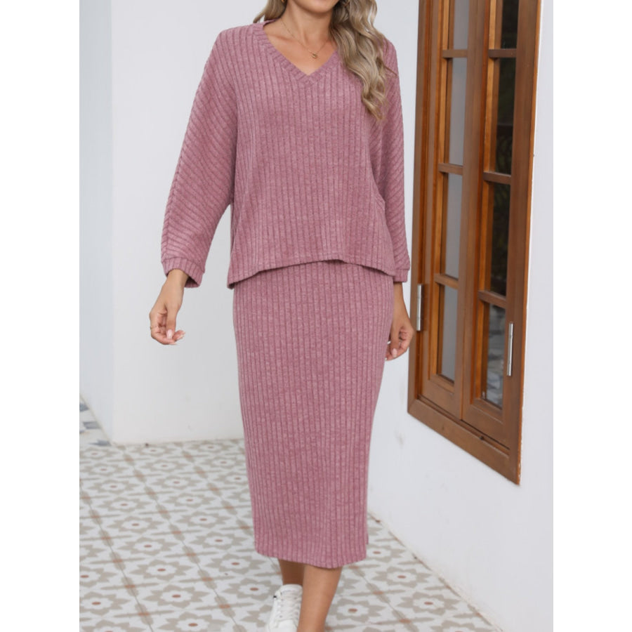 V-Neck Long Sleeve Top and Midi Skirt Set Dusty Pink / S Apparel and Accessories