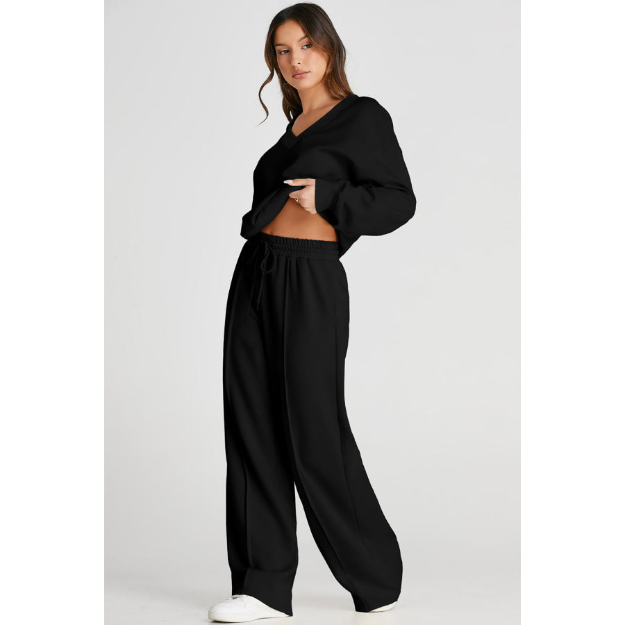 V-Neck Long Sleeve Top and Pants Active Set Apparel and Accessories