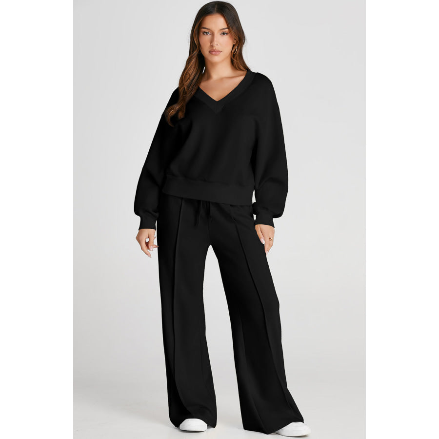 V-Neck Long Sleeve Top and Pants Active Set Black / S Apparel and Accessories