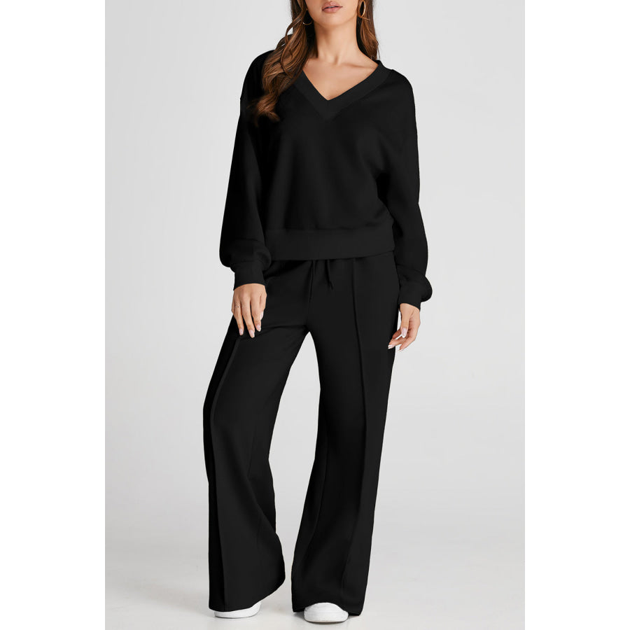 V-Neck Long Sleeve Top and Pants Active Set Black / S Apparel and Accessories