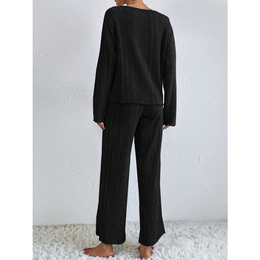 V-Neck Long Sleeve Top and Pants Set Apparel and Accessories