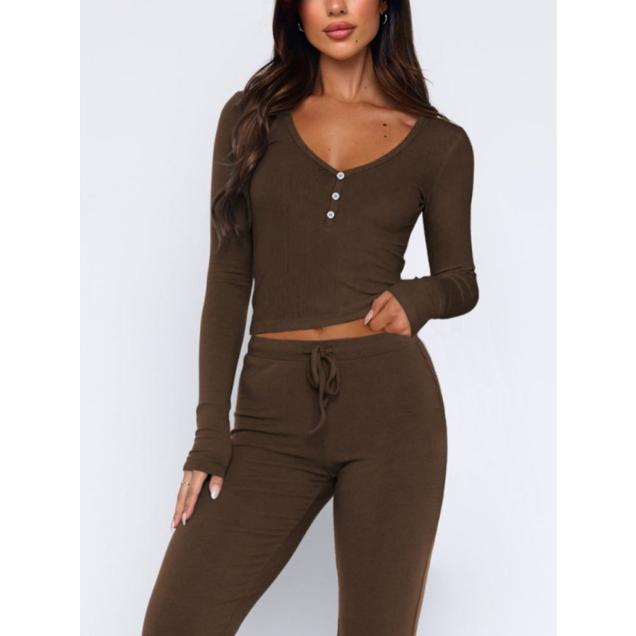 V-Neck Long Sleeve Top and Pants Set Apparel and Accessories