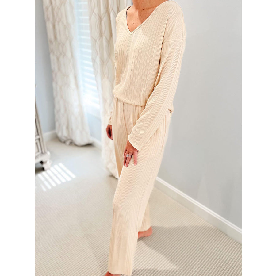 V-Neck Long Sleeve Top and Pants Set Tan / S Apparel and Accessories