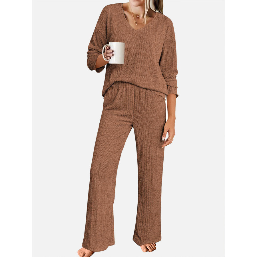 V-Neck Long Sleeve Top and Pants Set Apparel and Accessories