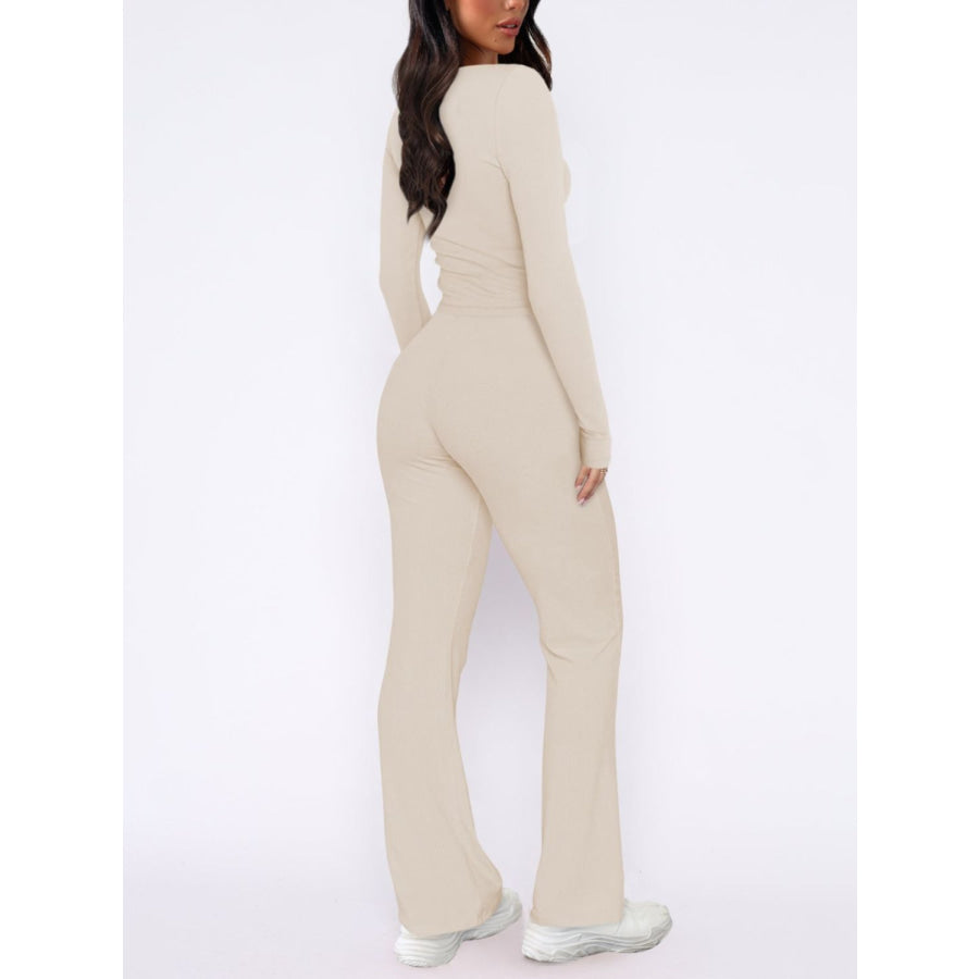 V-Neck Long Sleeve Top and Pants Set Apparel and Accessories