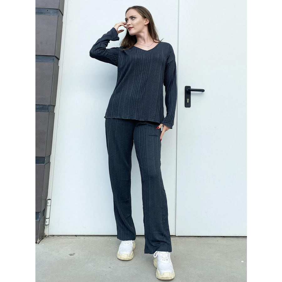 V-Neck Long Sleeve Top and Pants Set Apparel and Accessories