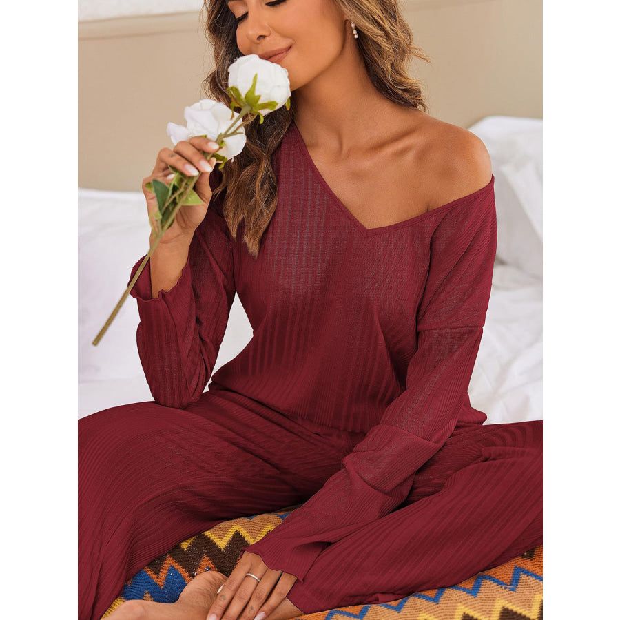 V-Neck Long Sleeve Top and Pants Set Apparel and Accessories