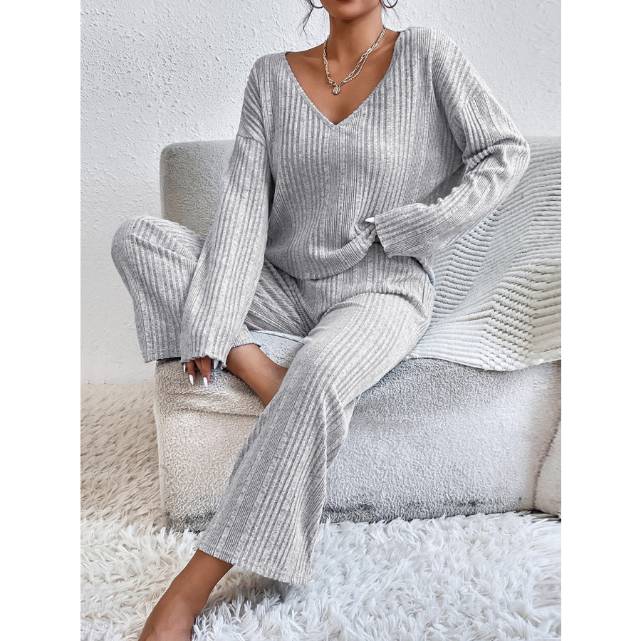 V-Neck Long Sleeve Top and Pants Set Apparel and Accessories