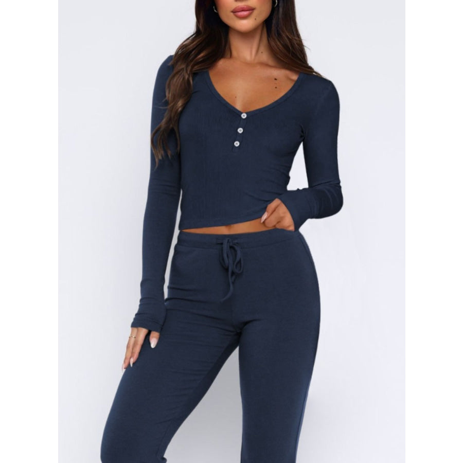 V-Neck Long Sleeve Top and Pants Set Apparel and Accessories