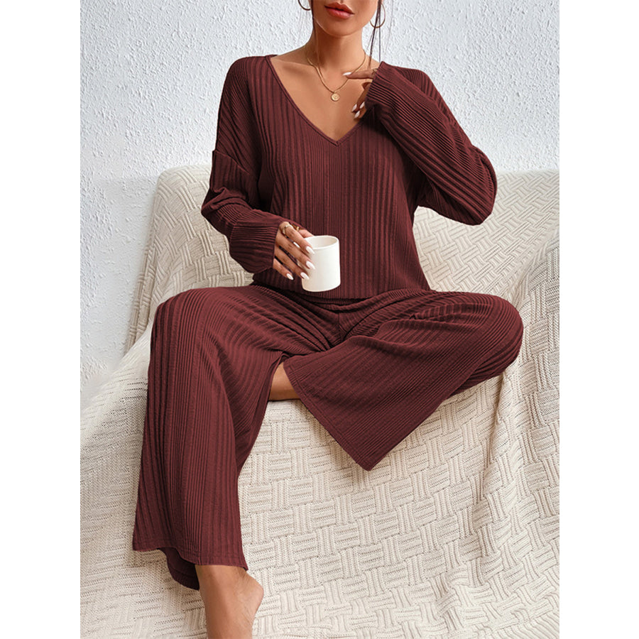 V-Neck Long Sleeve Top and Pants Set Apparel and Accessories