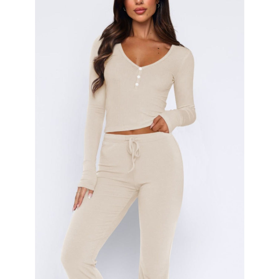 V-Neck Long Sleeve Top and Pants Set Apparel and Accessories