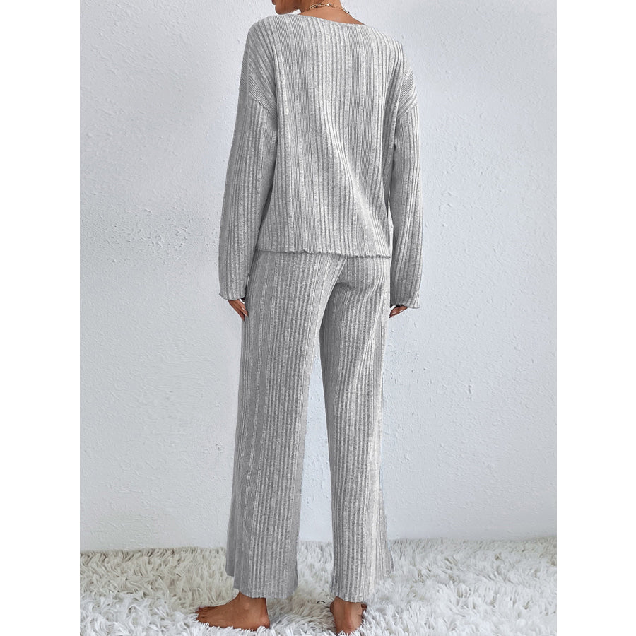 V-Neck Long Sleeve Top and Pants Set Apparel and Accessories