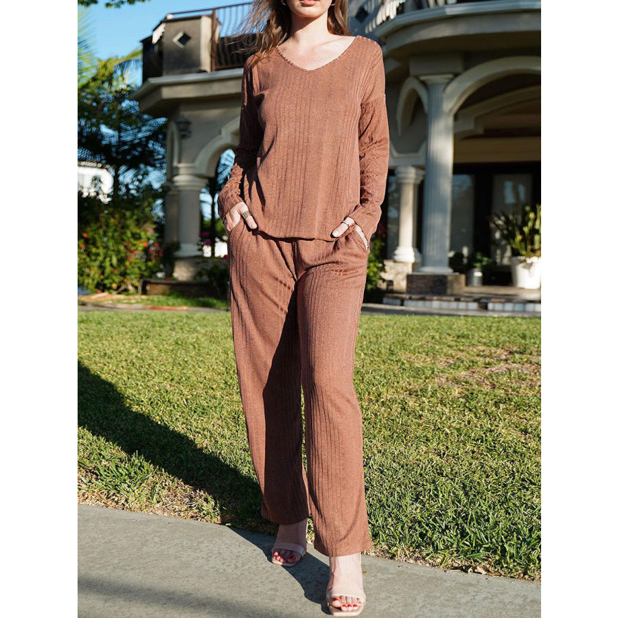 V-Neck Long Sleeve Top and Pants Set Apparel and Accessories