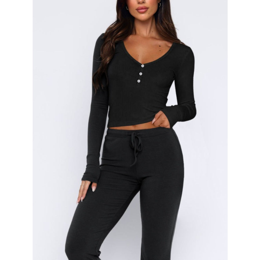 V-Neck Long Sleeve Top and Pants Set Apparel and Accessories