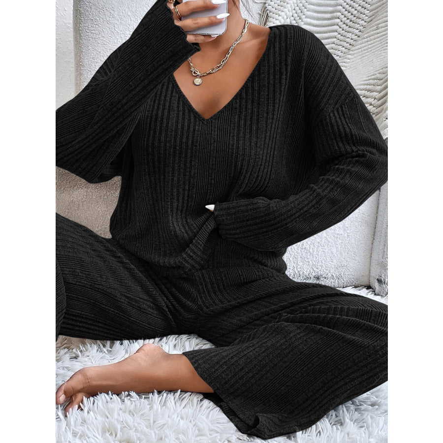 V-Neck Long Sleeve Top and Pants Set Apparel and Accessories