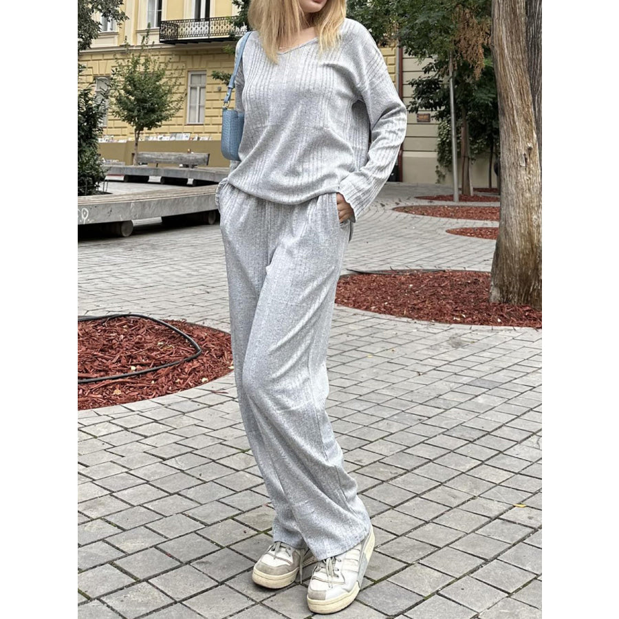 V-Neck Long Sleeve Top and Pants Set Apparel and Accessories