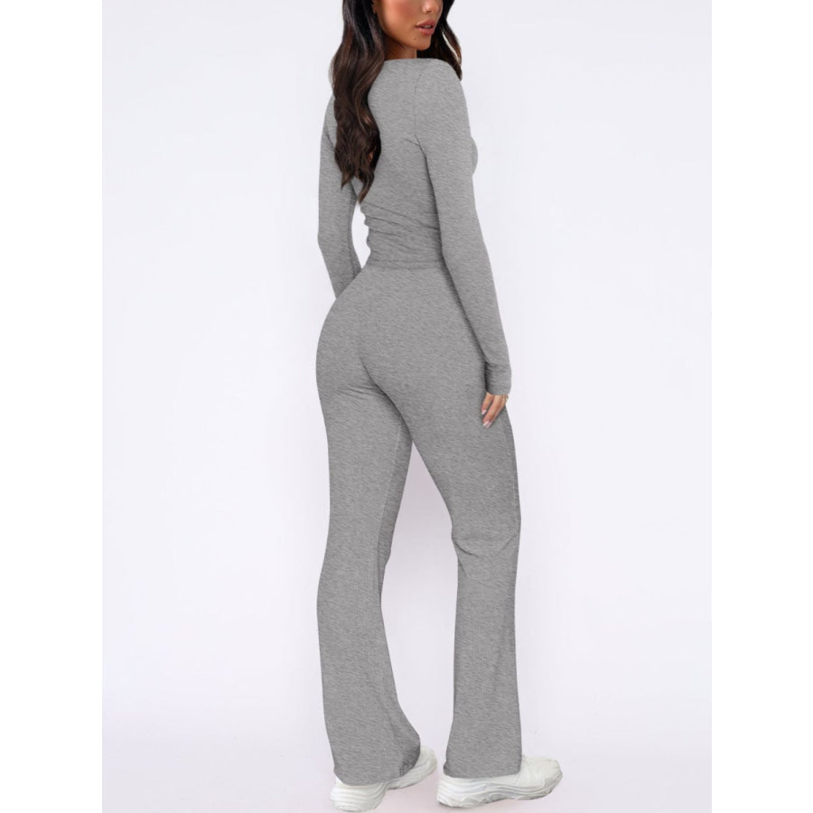 V-Neck Long Sleeve Top and Pants Set Apparel and Accessories