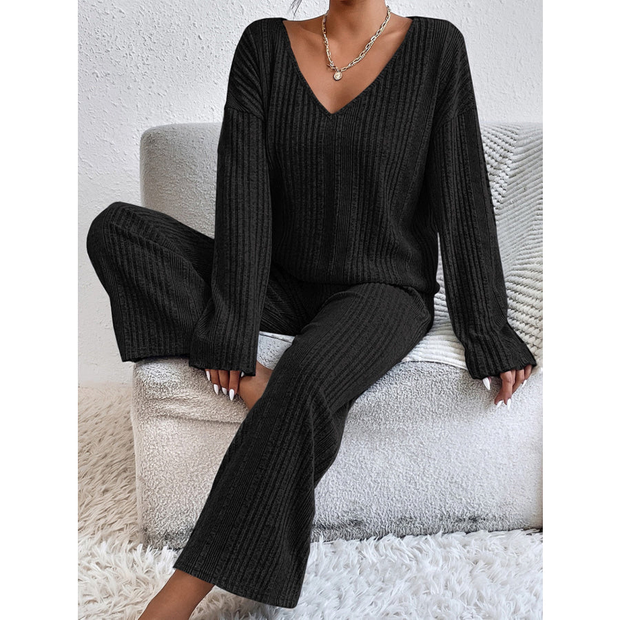 V-Neck Long Sleeve Top and Pants Set Apparel and Accessories