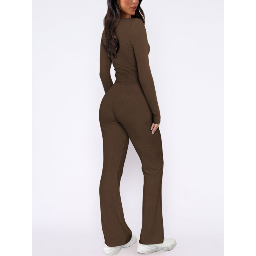 V-Neck Long Sleeve Top and Pants Set Apparel and Accessories