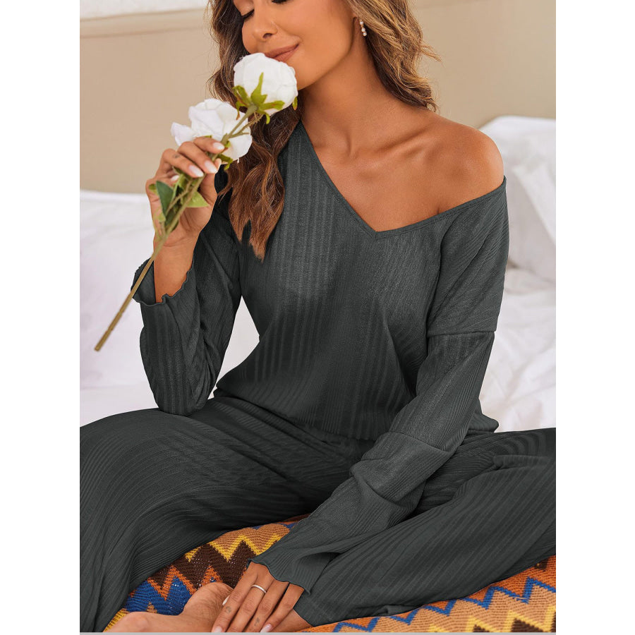 V-Neck Long Sleeve Top and Pants Set Apparel and Accessories