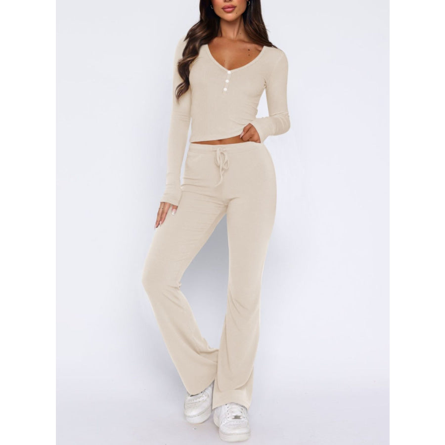 V-Neck Long Sleeve Top and Pants Set Beige / S Apparel and Accessories