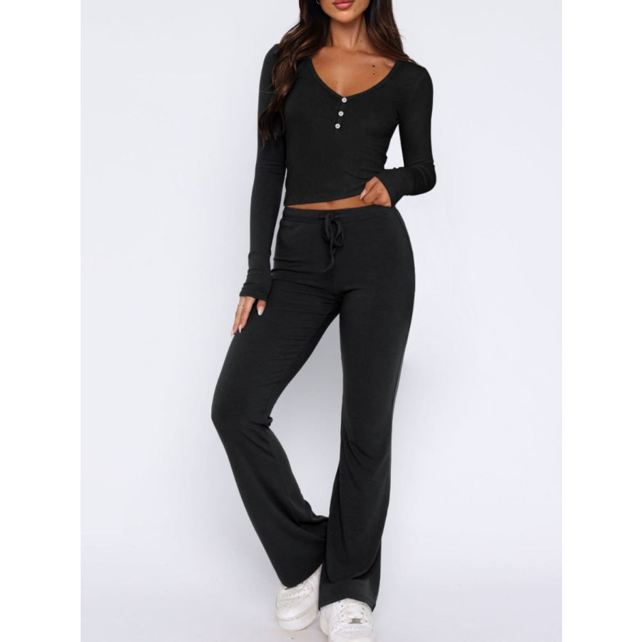 V-Neck Long Sleeve Top and Pants Set Black / S Apparel and Accessories