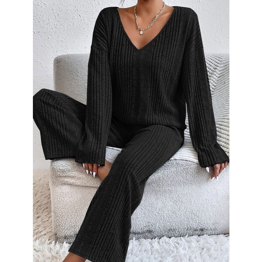 V-Neck Long Sleeve Top and Pants Set Black / S Apparel and Accessories