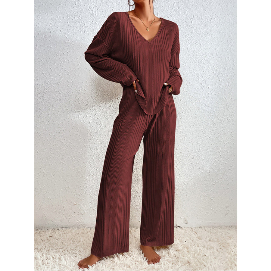 V-Neck Long Sleeve Top and Pants Set Burgundy / S Apparel and Accessories