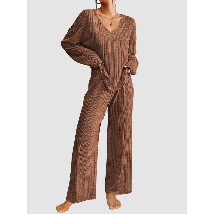 V-Neck Long Sleeve Top and Pants Set Caramel / S Apparel and Accessories