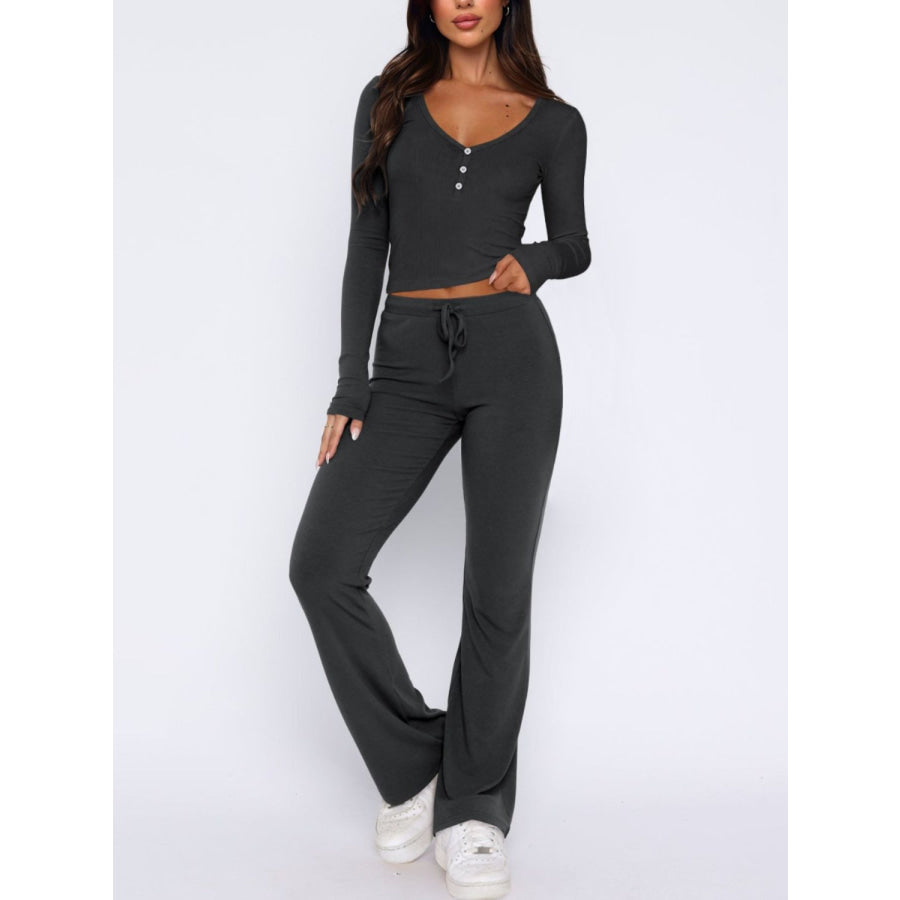 V-Neck Long Sleeve Top and Pants Set Dark Gray / S Apparel and Accessories