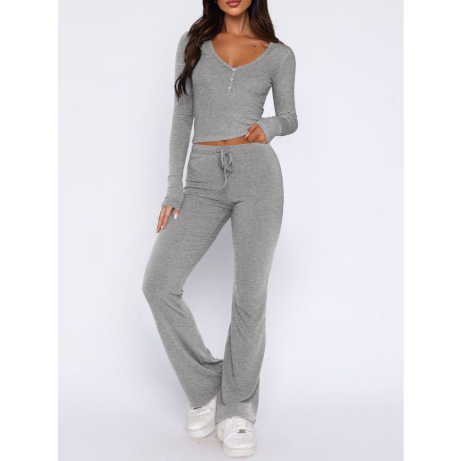 V-Neck Long Sleeve Top and Pants Set Gray / S Apparel and Accessories