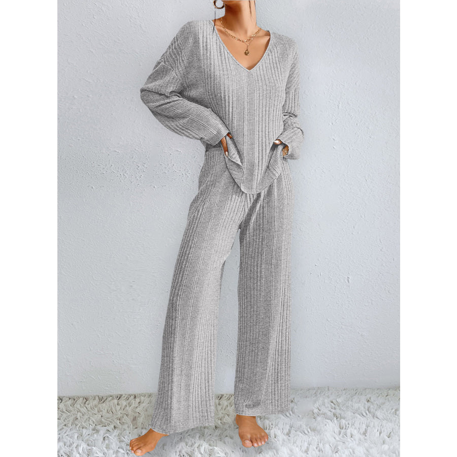 V-Neck Long Sleeve Top and Pants Set Gray / S Apparel and Accessories