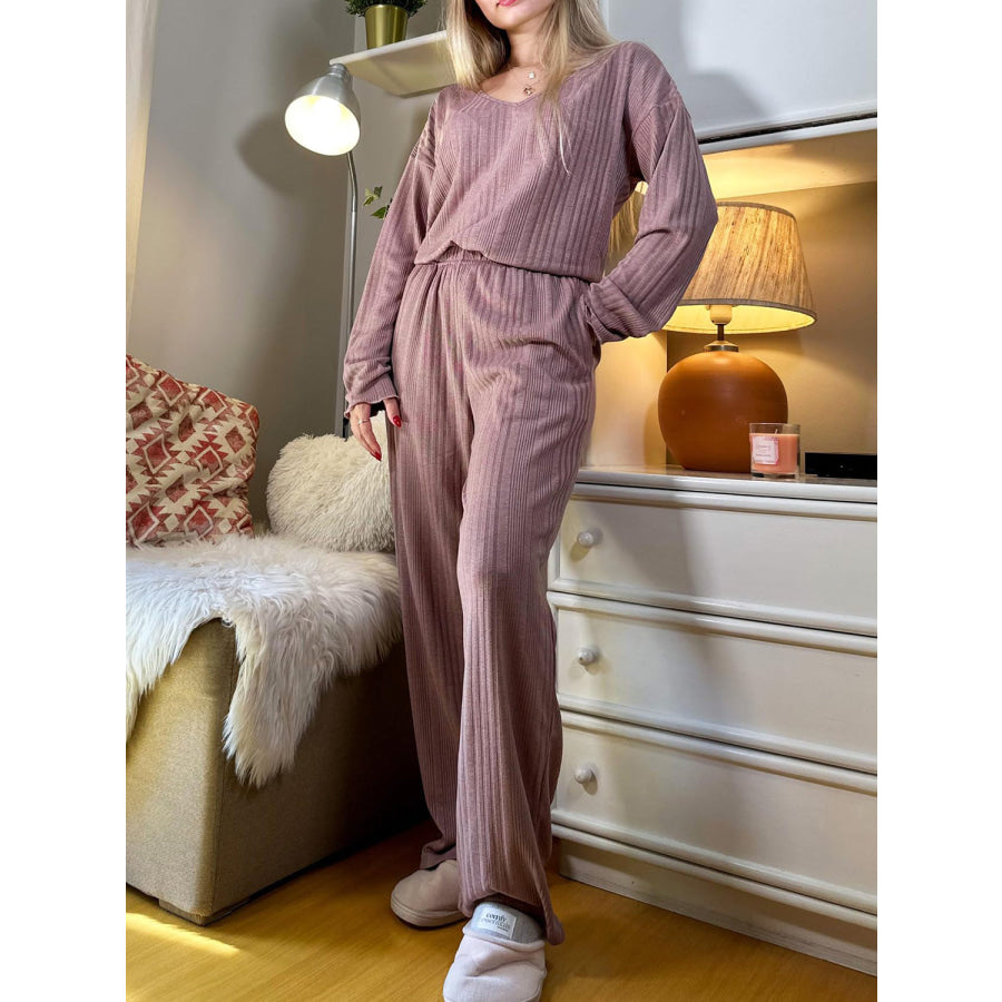 V-Neck Long Sleeve Top and Pants Set Mauve / S Apparel and Accessories