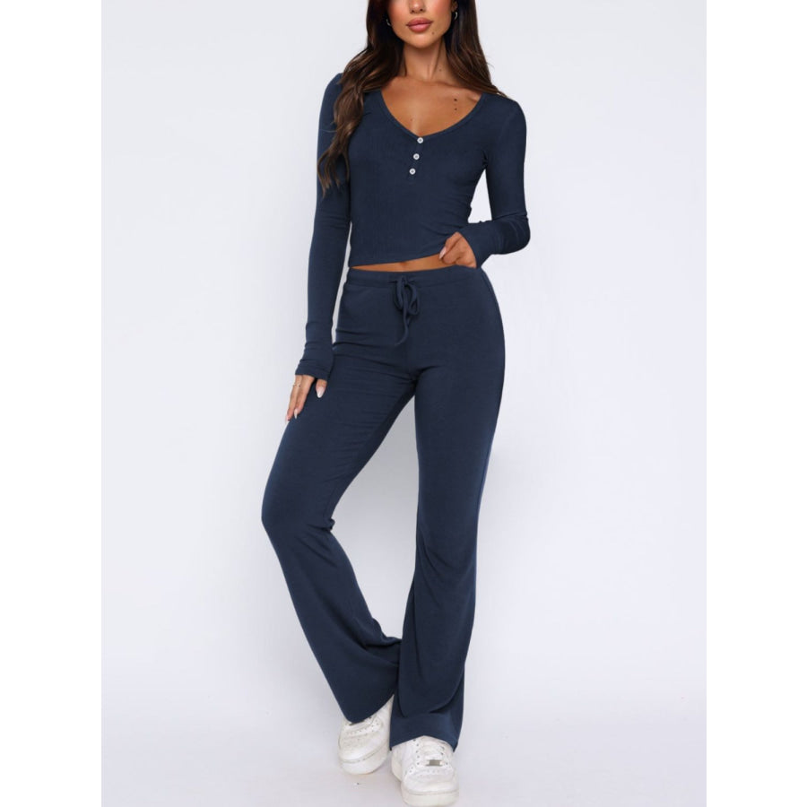 V-Neck Long Sleeve Top and Pants Set Navy / S Apparel and Accessories