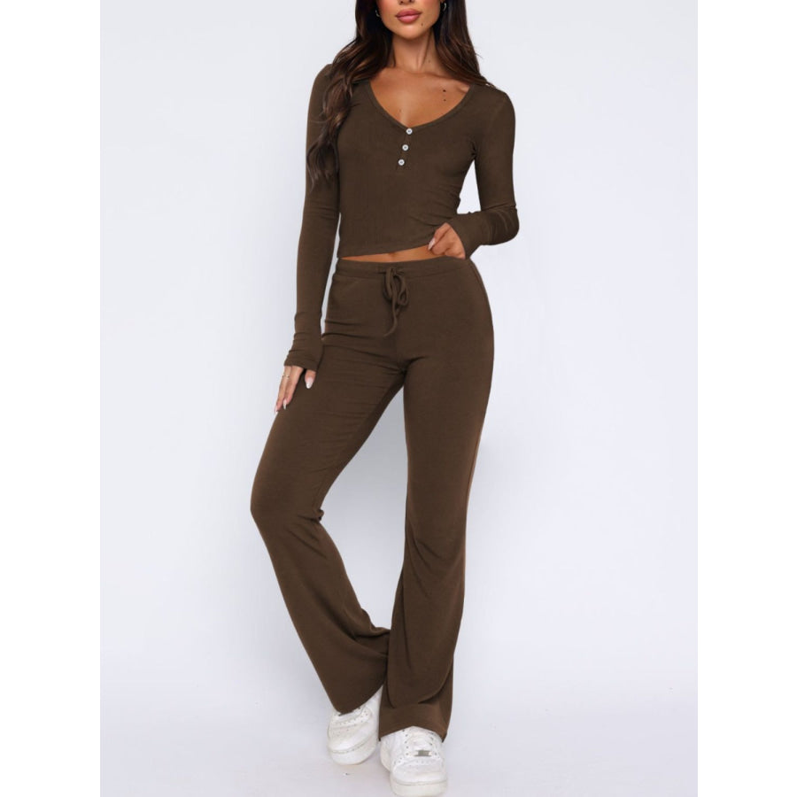 V-Neck Long Sleeve Top and Pants Set Olive Brown / S Apparel and Accessories