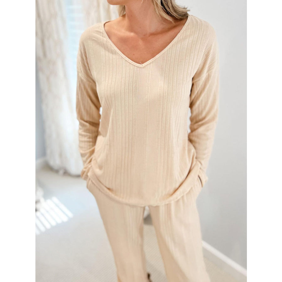 V-Neck Long Sleeve Top and Pants Set Tan / S Apparel and Accessories