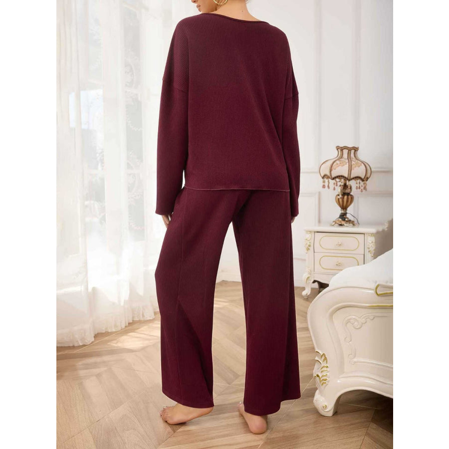 V-Neck Long Sleeve Top and Wide Leg Pants Set Apparel and Accessories